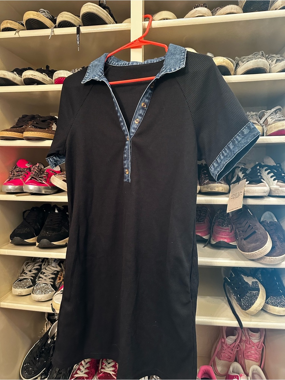 Black Polo-Style Denim Trim Dress
